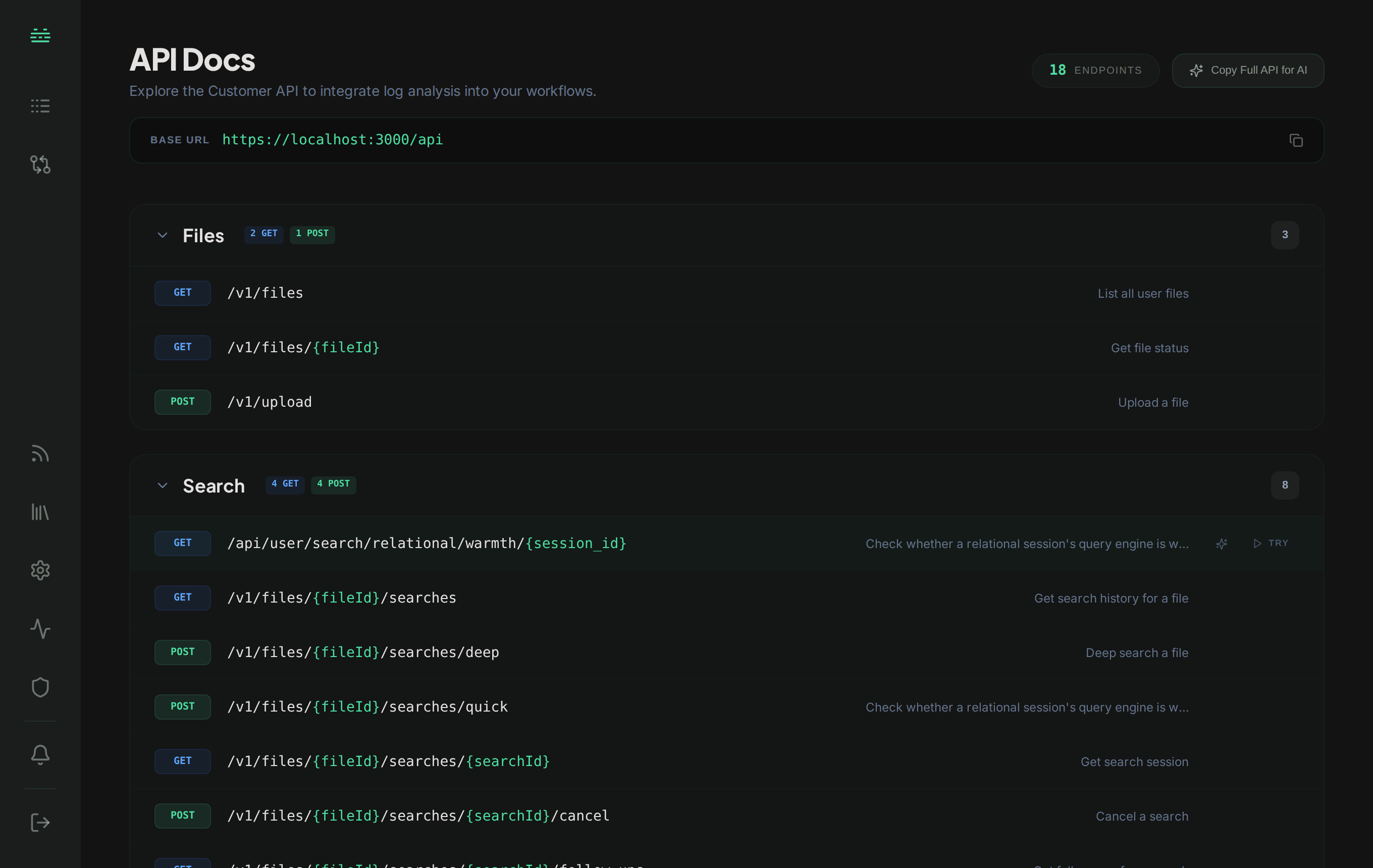 The in-app interactive API console: every endpoint with a Try button, plus 'Copy Full API for AI' to hand the whole contract to an assistant.