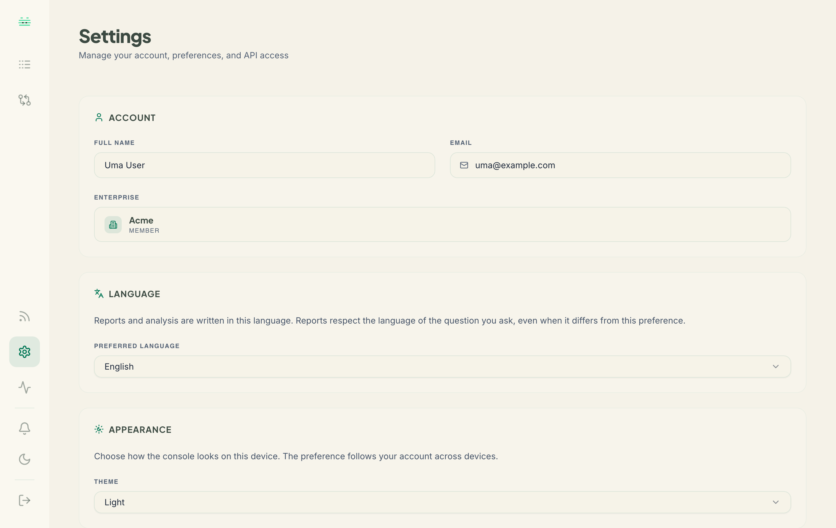 Settings in the light theme: your account details, the language reports are written in, and the theme.