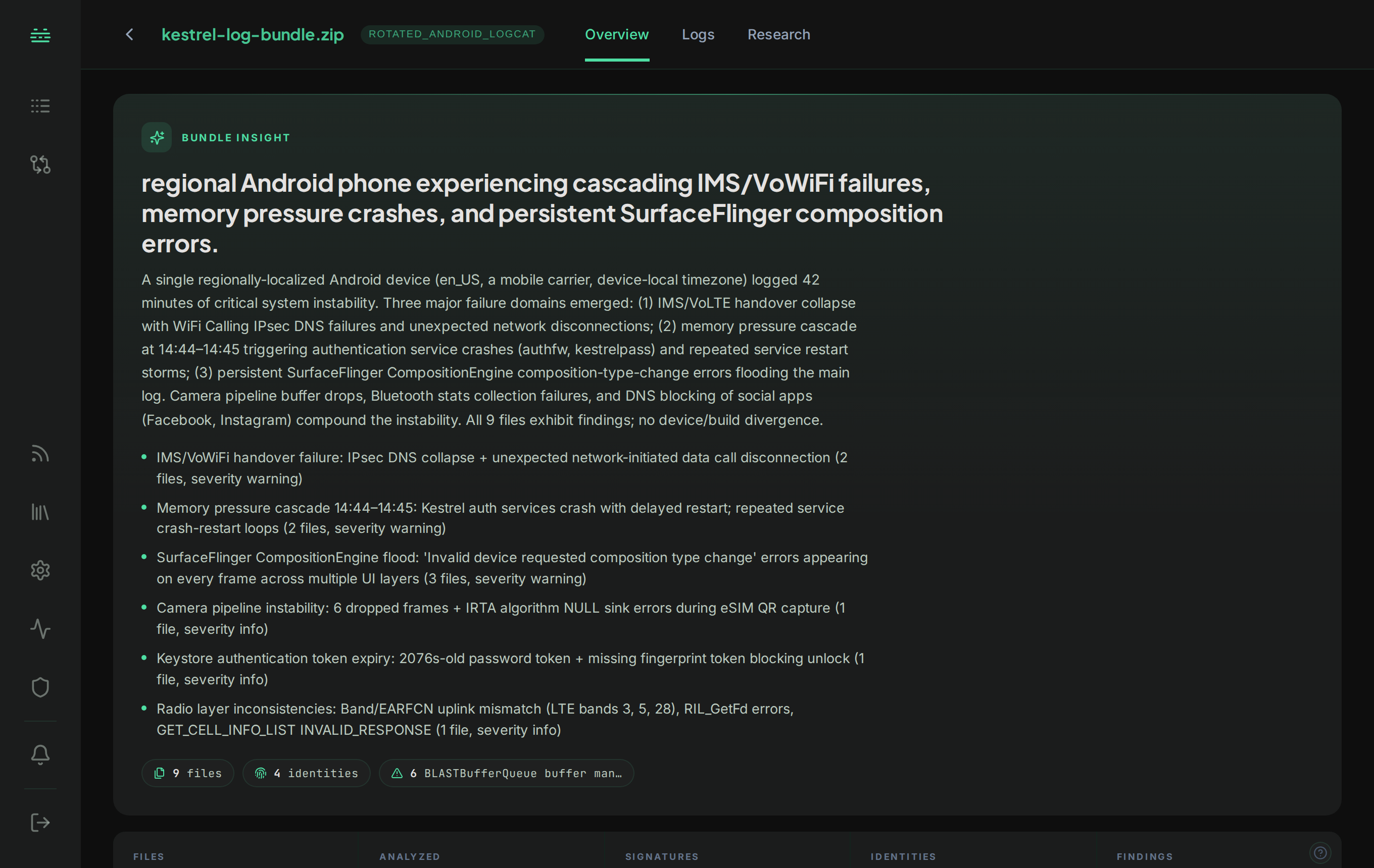 A bundle dashboard: the AI-composed insight summarizing what happened across the log set, with the findings that back it.