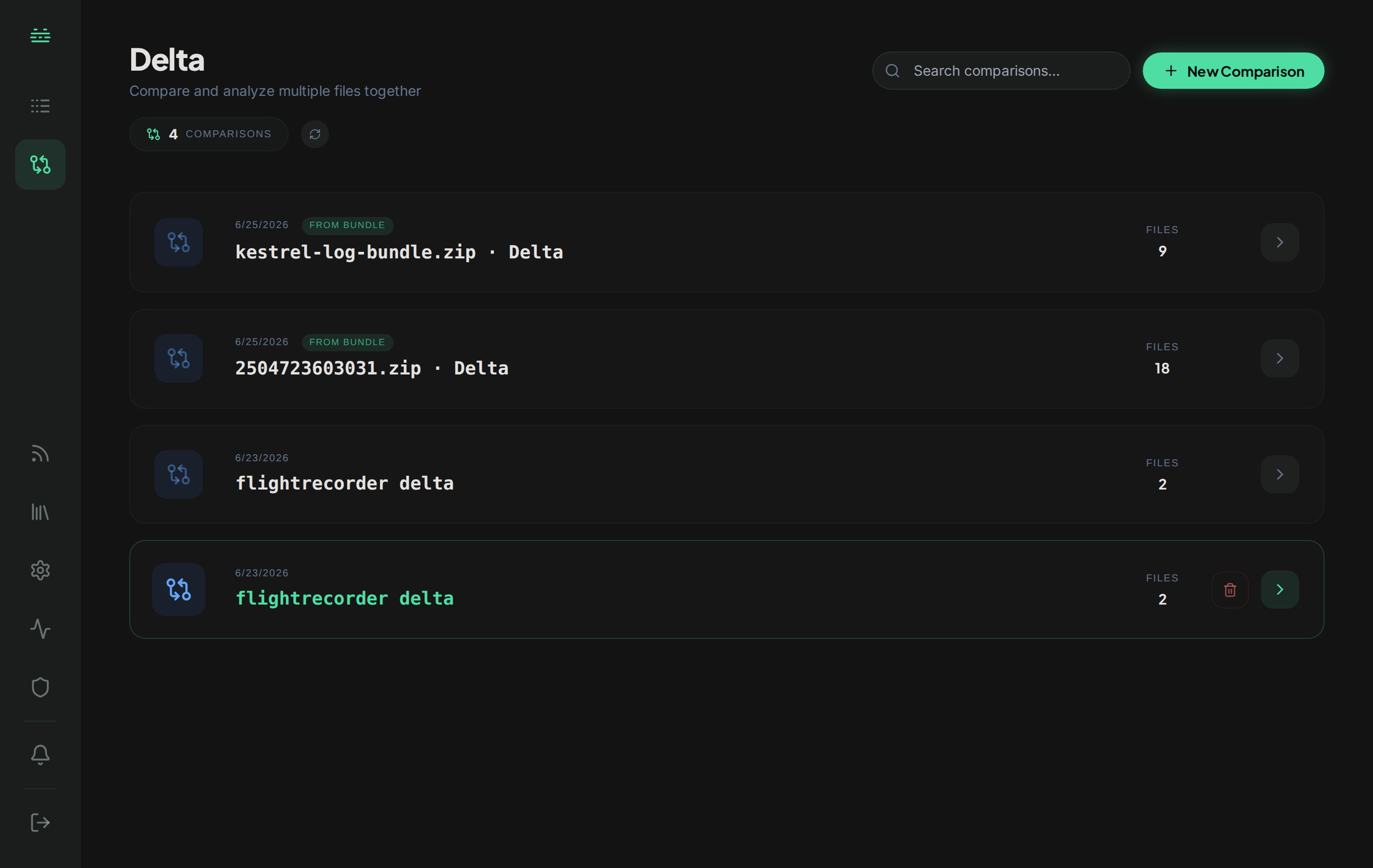 Your comparisons. Each Delta lines up two or more files (or a whole bundle) so you can ask what changed across them.