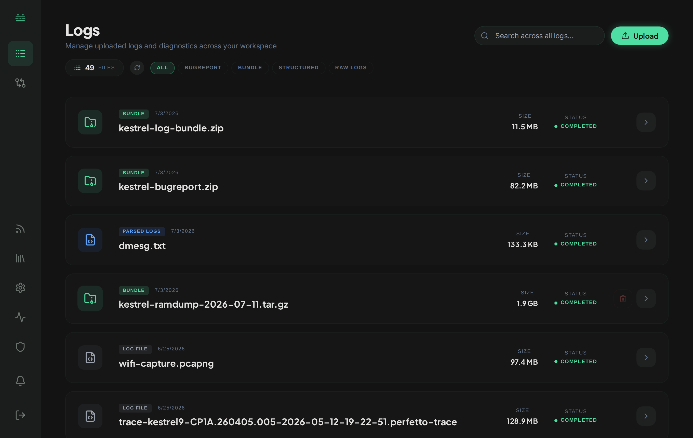 Your workspace. Upload a bugreport, bundle, pcap, trace, or raw log and it lands here, analyzed and ready to open.