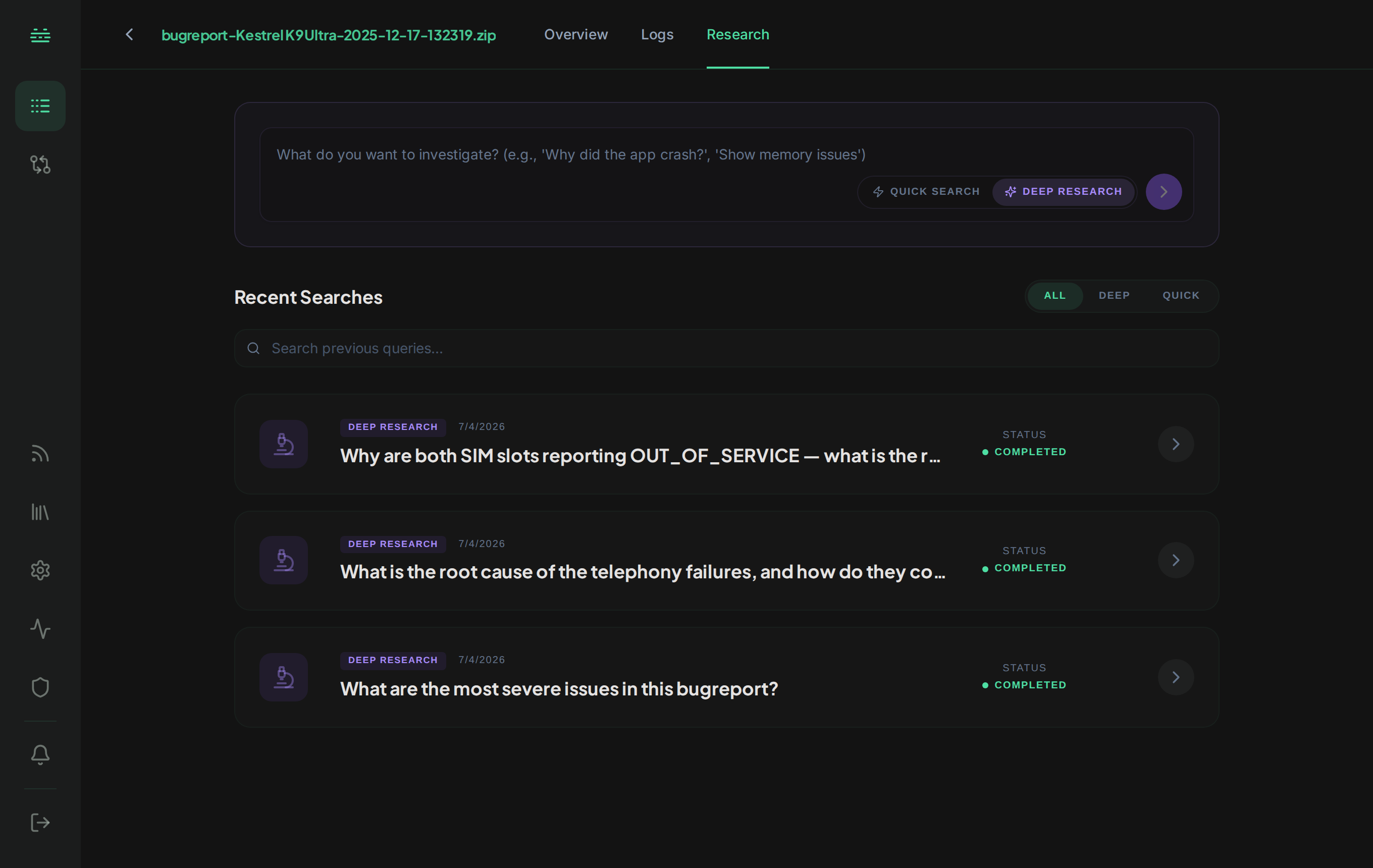 The investigation box on any file's Research tab. Ask a question and pick Quick Search for a fast, cited answer.