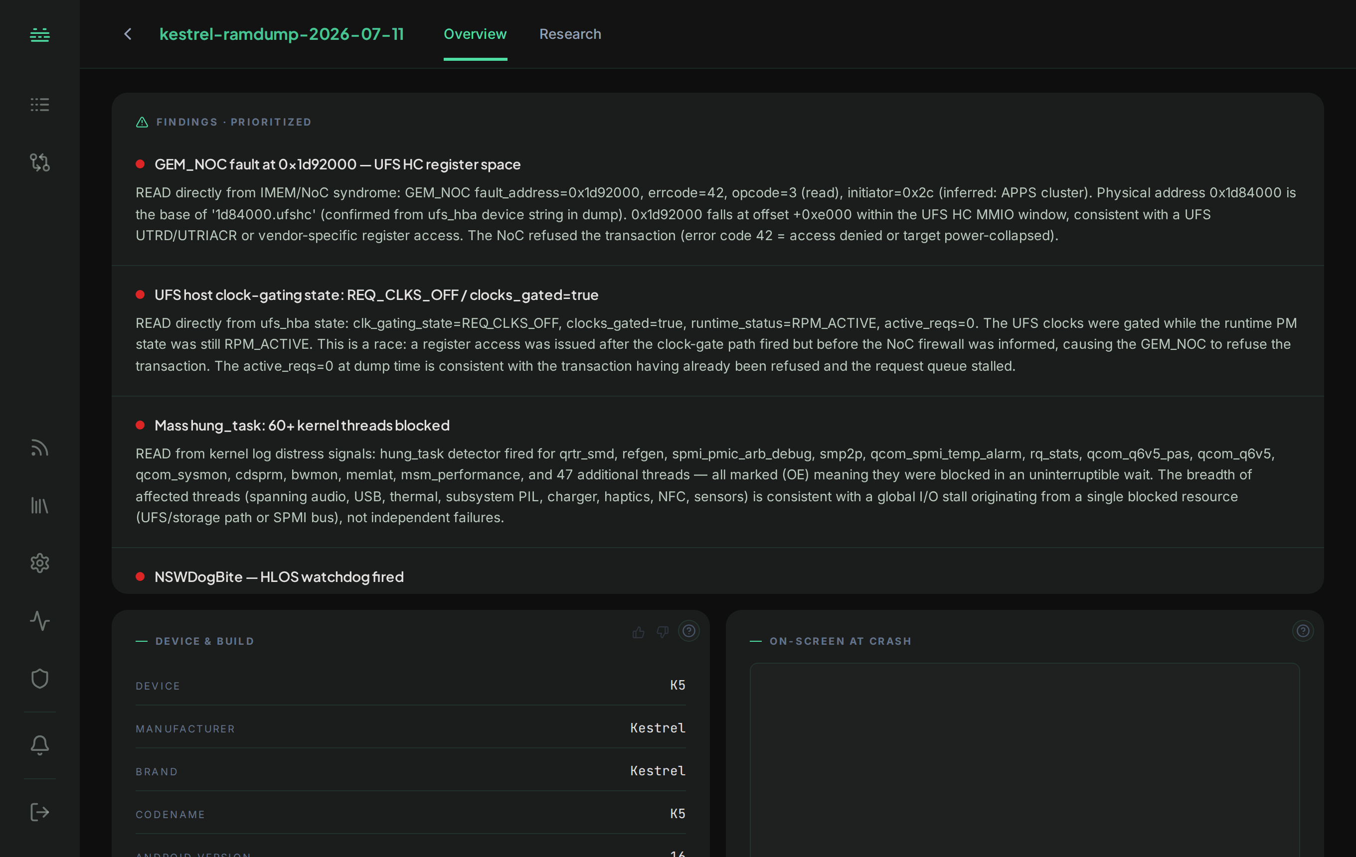 A ramdump dashboard: kernel-memory forensics pulled straight from the dump: NoC register faults, UFS clock-gating state, and mass blocked-thread analysis.